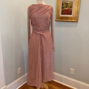 Talbot Runhof Metallic Draped Long‎ Sleeve Gown Pink Rose Gold NWT